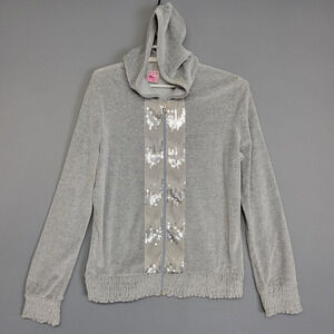 Big Flirt Hoodie Womens Medium Gray Sequin Zip Up Jacket Hooded Loungewear